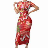 Hawaiian and Japanese Culture Together Short Sleeve Bodycon Dress Kakau Tribal Pattern and Irezumi Art Red Color LT03 Long Dress Red - Polynesian Pride