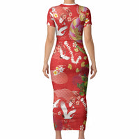 Hawaiian and Japanese Culture Together Short Sleeve Bodycon Dress Kakau Tribal Pattern and Irezumi Art Red Color LT03 - Polynesian Pride