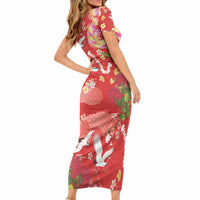 Hawaiian and Japanese Culture Together Short Sleeve Bodycon Dress Kakau Tribal Pattern and Irezumi Art Red Color LT03 - Polynesian Pride