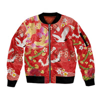Hawaiian and Japanese Culture Together Sleeve Zip Bomber Jacket Kakau Tribal Pattern and Irezumi Art Red Color