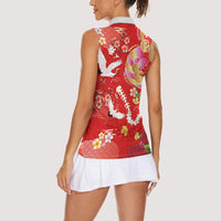 Hawaiian and Japanese Culture Together Women Sleeveless Polo Shirt Kakau Tribal Pattern and Irezumi Art Red Color