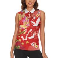 Hawaiian and Japanese Culture Together Women Sleeveless Polo Shirt Kakau Tribal Pattern and Irezumi Art Red Color