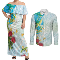 Japanese and Hawaiian Culture Fusion Couples Matching Off Shoulder Maxi Dress and Long Sleeve Button Shirt Irezumi with Turtles and Lei Kakau Pattern Fresh Vibe LT03 Multicolor - Polynesian Pride
