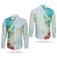 Japanese and Hawaiian Culture Fusion Couples Matching Off Shoulder Maxi Dress and Long Sleeve Button Shirt Irezumi with Turtles and Lei Kakau Pattern Fresh Vibe LT03 - Polynesian Pride