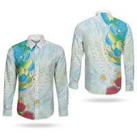 Japanese and Hawaiian Culture Fusion Couples Matching Summer Maxi Dress and Long Sleeve Button Shirt Irezumi with Turtles and Lei Kakau Pattern Fresh Vibe LT03 - Polynesian Pride