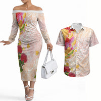 Japanese and Hawaiian Culture Fusion Couples Matching Off The Shoulder Long Sleeve Dress and Hawaiian Shirt Irezumi with Turtles and Lei Kakau Pattern Sunset Vibe LT03 Multicolor - Polynesian Pride