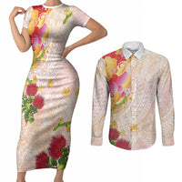Japanese and Hawaiian Culture Fusion Couples Matching Short Sleeve Bodycon Dress and Long Sleeve Button Shirt Irezumi with Turtles and Lei Kakau Pattern Sunset Vibe LT03 Multicolor - Polynesian Pride