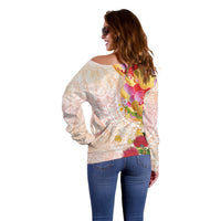 Japanese and Hawaiian Culture Fusion Off Shoulder Sweater Irezumi with Turtles and Lei Kakau Pattern Sunset Vibe LT03 - Polynesian Pride