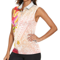 Japanese and Hawaiian Culture Fusion Women Sleeveless Polo Shirt Irezumi with Turtles and Lei Kakau Pattern Sunset Vibe LT03 - Polynesian Pride