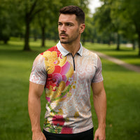 Japanese and Hawaiian Culture Fusion Zipper Polo Shirt Irezumi with Turtles and Lei Kakau Pattern Sunset Vibe LT03 - Polynesian Pride