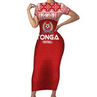 Custom Tonga Football Ngatu Tribal Tattoo Family Matching Short Sleeve Bodycon Dress and Hawaiian Shirt LT03 Mom's Dress Red - Polynesian Pride