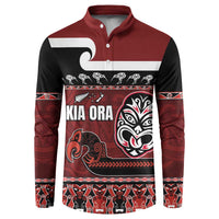 New Zealand Culture Button Sweatshirt Kia Ora Aotearoa Moko Tattoo Mask with Waka and Maori Art Pattern