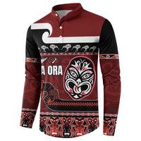 New Zealand Culture Button Sweatshirt Kia Ora Aotearoa Moko Tattoo Mask with Waka and Maori Art Pattern