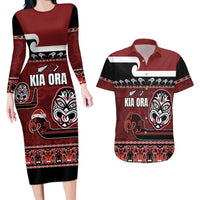 New Zealand Culture Couples Matching Long Sleeve Bodycon Dress and Hawaiian Shirt Kia Ora Aotearoa Moko Tattoo Mask with Waka and Maori Art Pattern
