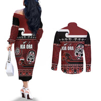 New Zealand Culture Couples Matching Off The Shoulder Long Sleeve Dress and Long Sleeve Button Shirt Kia Ora Aotearoa Moko Tattoo Mask with Waka and Maori Art Pattern LT03 - Polynesian Pride