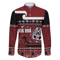 New Zealand Culture Family Matching Long Sleeve Bodycon Dress and Hawaiian Shirt Kia Ora Aotearoa Moko Tattoo Mask with Waka and Maori Art Pattern LT03 Dad's Shirt - Long Sleeve Red - Polynesian Pride