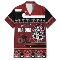 New Zealand Culture Family Matching Puletasi and Hawaiian Shirt Kia Ora Aotearoa Moko Tattoo Mask with Waka and Maori Art Pattern LT03 Dad's Shirt - Short Sleeve Red - Polynesian Pride