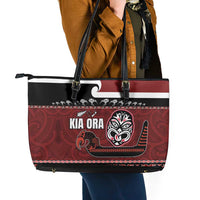 New Zealand Culture Leather Tote Bag Kia Ora Aotearoa Moko Tattoo Mask with Waka and Maori Art Pattern LT03 - Polynesian Pride