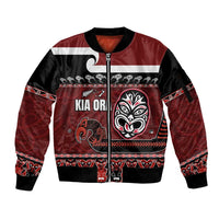 New Zealand Culture Sleeve Zip Bomber Jacket Kia Ora Aotearoa Moko Tattoo Mask with Waka and Maori Art Pattern LT03 Unisex Red - Polynesian Pride