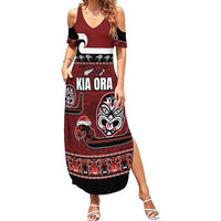 New Zealand Culture Summer Maxi Dress Kia Ora Aotearoa Moko Tattoo Mask with Waka and Maori Art Pattern