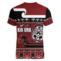New Zealand Culture Women V-Neck T-Shirt Kia Ora Aotearoa Moko Tattoo Mask with Waka and Maori Art Pattern LT03 - Polynesian Pride