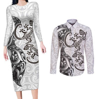 New Zealand Gecko Maori Art Tattoo Couples Matching Long Sleeve Bodycon Dress and Long Sleeve Button Shirt White Color LT03 White - Polynesian Pride