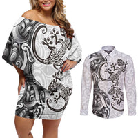 New Zealand Gecko Maori Art Tattoo Couples Matching Off Shoulder Short Dress and Long Sleeve Button Shirt White Color LT03 White - Polynesian Pride