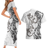 New Zealand Gecko Maori Art Tattoo Couples Matching Short Sleeve Bodycon Dress and Hawaiian Shirt White Color