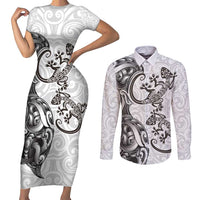 New Zealand Gecko Maori Art Tattoo Couples Matching Short Sleeve Bodycon Dress and Long Sleeve Button Shirt White Color LT03 White - Polynesian Pride