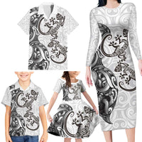 New Zealand Gecko Maori Art Tattoo Family Matching Long Sleeve Bodycon Dress and Hawaiian Shirt White Color LT03 - Polynesian Pride