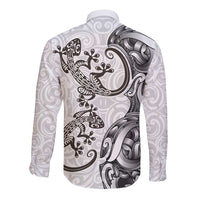 New Zealand Gecko Maori Art Tattoo Long Sleeve Button Shirt White Color