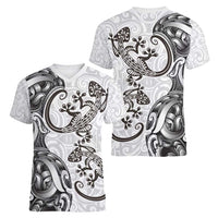 New Zealand Gecko Maori Art Tattoo Women V-Neck T-Shirt White Color LT03 - Polynesian Pride