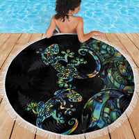 New Zealand Gecko Maori Art Tattoo Beach Blanket Silver Fern and Paua Shell Mode