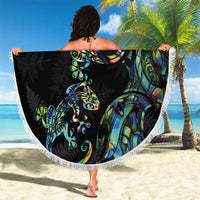 New Zealand Gecko Maori Art Tattoo Beach Blanket Silver Fern and Paua Shell Mode