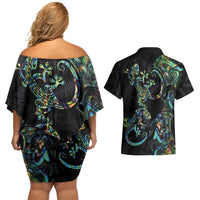 New Zealand Gecko Maori Art Tattoo Couples Matching Off Shoulder Short Dress and Hawaiian Shirt Silver Fern and Paua Shell Mode LT03 - Polynesian Pride
