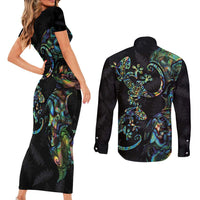 New Zealand Gecko Maori Art Tattoo Couples Matching Short Sleeve Bodycon Dress and Long Sleeve Button Shirt Silver Fern and Paua Shell Mode LT03 - Polynesian Pride