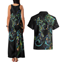 New Zealand Gecko Maori Art Tattoo Couples Matching Tank Maxi Dress and Hawaiian Shirt Silver Fern and Paua Shell Mode LT03 - Polynesian Pride