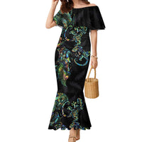 New Zealand Gecko Maori Art Tattoo Family Matching Mermaid Dress and Hawaiian Shirt Silver Fern and Paua Shell Mode LT03 Mom's Dress Black - Polynesian Pride