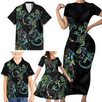New Zealand Gecko Maori Art Tattoo Family Matching Short Sleeve Bodycon Dress and Hawaiian Shirt Silver Fern and Paua Shell Mode LT03 - Polynesian Pride