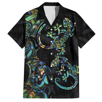 New Zealand Gecko Maori Art Tattoo Family Matching Short Sleeve Bodycon Dress and Hawaiian Shirt Silver Fern and Paua Shell Mode LT03 Dad's Shirt - Short Sleeve Black - Polynesian Pride