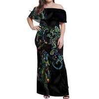 New Zealand Gecko Maori Art Tattoo Off Shoulder Maxi Dress Silver Fern and Paua Shell Mode