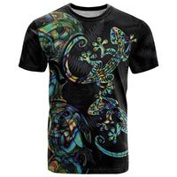 New Zealand Gecko Maori Art Tattoo T Shirt Silver Fern and Paua Shell Mode