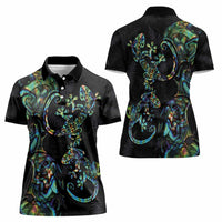 New Zealand Gecko Maori Art Tattoo Women Polo Shirt Silver Fern and Paua Shell Mode LT03 - Polynesian Pride