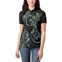 New Zealand Gecko Maori Art Tattoo Women Polo Shirt Silver Fern and Paua Shell Mode LT03 - Polynesian Pride