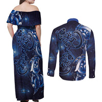New Zealand Gecko Maori Art Tattoo Couples Matching Off Shoulder Maxi Dress and Long Sleeve Button Shirt Matariki Mode