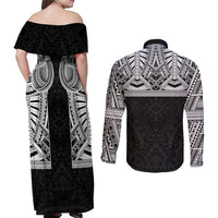 Samoan Traditional Art Tattoos Couples Matching Off Shoulder Maxi Dress and Long Sleeve Button Shirt Tatau Tribal Motifs with Ula Fala Black LT03 - Polynesian Pride