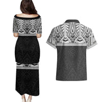 Samoan Traditional Art Tattoos Couples Matching Puletasi and Hawaiian Shirt Tatau Tribal Motifs with Ula Fala Black LT03 - Polynesian Pride