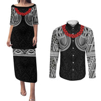 Samoan Traditional Art Tattoos Couples Matching Puletasi and Long Sleeve Button Shirt Tatau Tribal Motifs with Ula Fala Black LT03 Black - Polynesian Pride