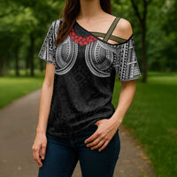 Samoan Traditional Art Tattoos Cross Shoulder Shirt Tatau Tribal Motifs with Ula Fala Black - Polynesian Pride