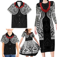 Samoan Traditional Art Tattoos Family Matching Long Sleeve Bodycon Dress and Hawaiian Shirt Tatau Tribal Motifs with Ula Fala Black LT03 - Polynesian Pride